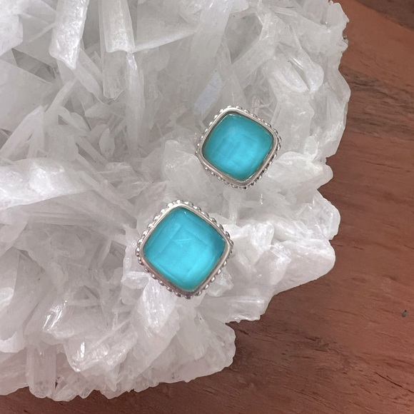 EUC Judith Ripka JR TWO Sterling Silver 18K Gold Turquoise Doublet Stud Earrings - Picture 2 of 11